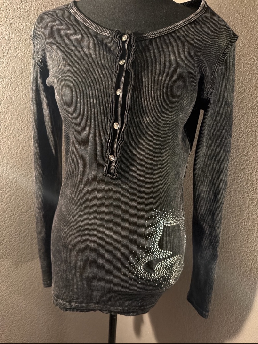 Women’s Black Washed Long Sleeve Henley Tee with Rhinestone Accent